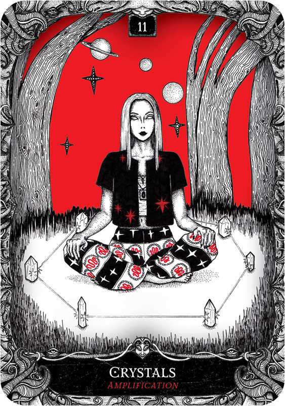 Tarot card with a person in a meditative pose against a red background with celestial symbols.