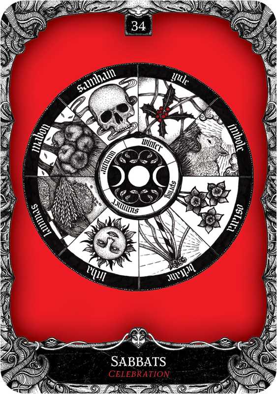 Decorative card with black circular design featuring symbols on a red background