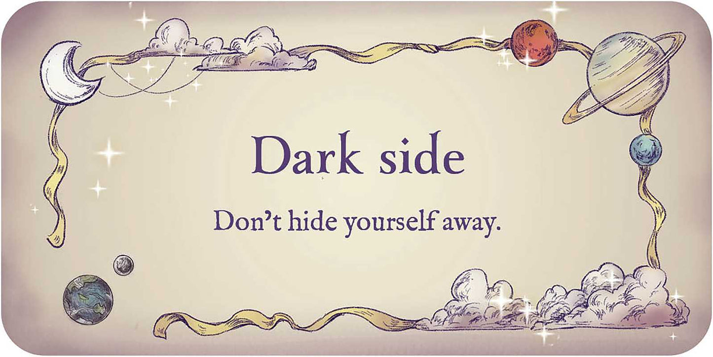 Decorative card with celestial designs and motivational text on a beige background