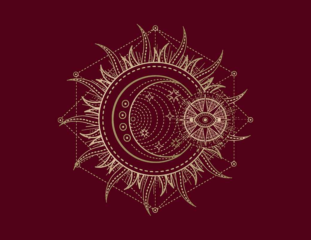 Decorative design of a sun and moon with intricate patterns on a red background