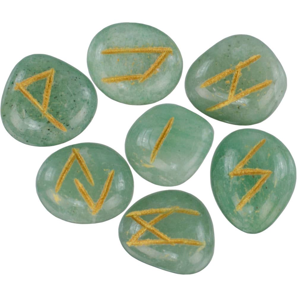 Green aventurine stones with gold runes on a white background