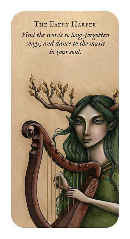 Card featuring a fae character with antlers holding a harp, with text about finding forgotten songs.