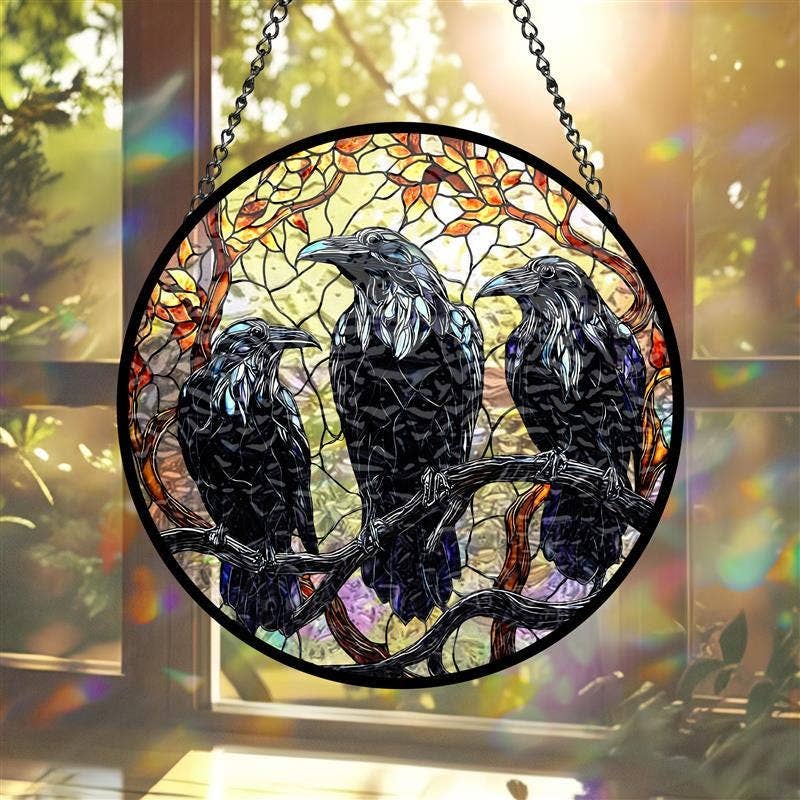 Three Black Crows on Branch Stained Glass Suncatcher – Gothic Window Art