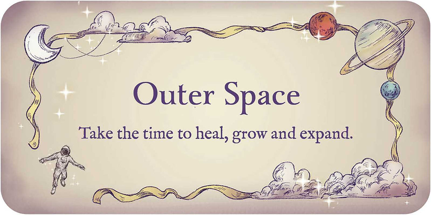 Decorative card with space-themed illustrations and text on a beige background
