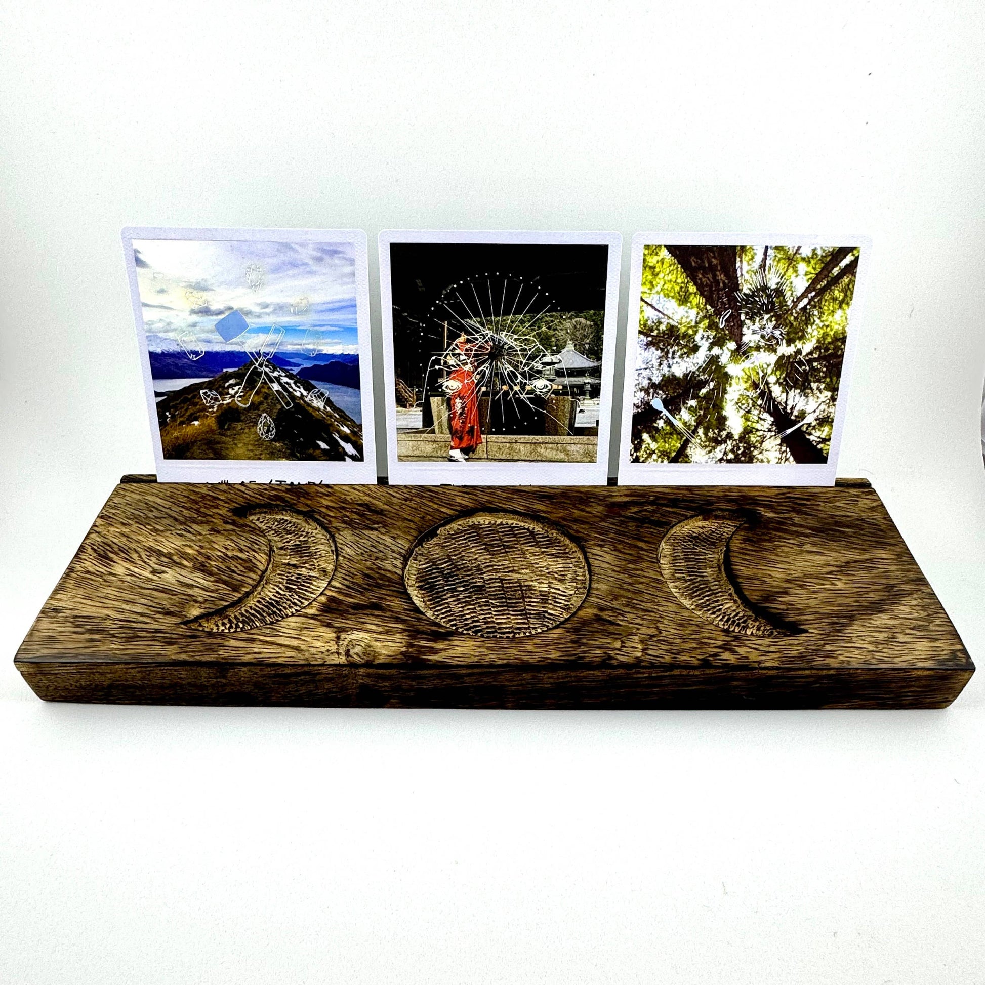 Wooden tarot card display on a white background