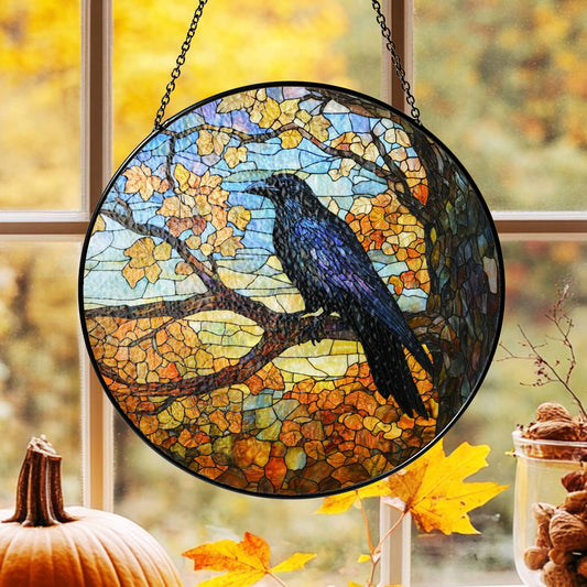 Black Raven Autumn Stained Glass Suncatcher