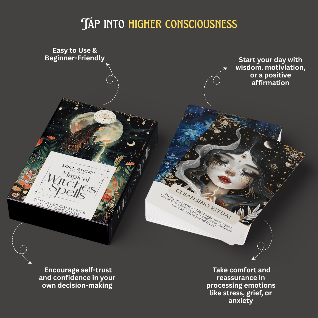 Two tarot card decks with artistic designs on a dark background, featuring text about their uses.