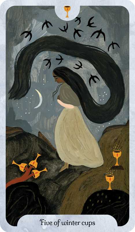 Tarot card featuring a woman with long hair and birds, titled 'Five of Winter Cups'.