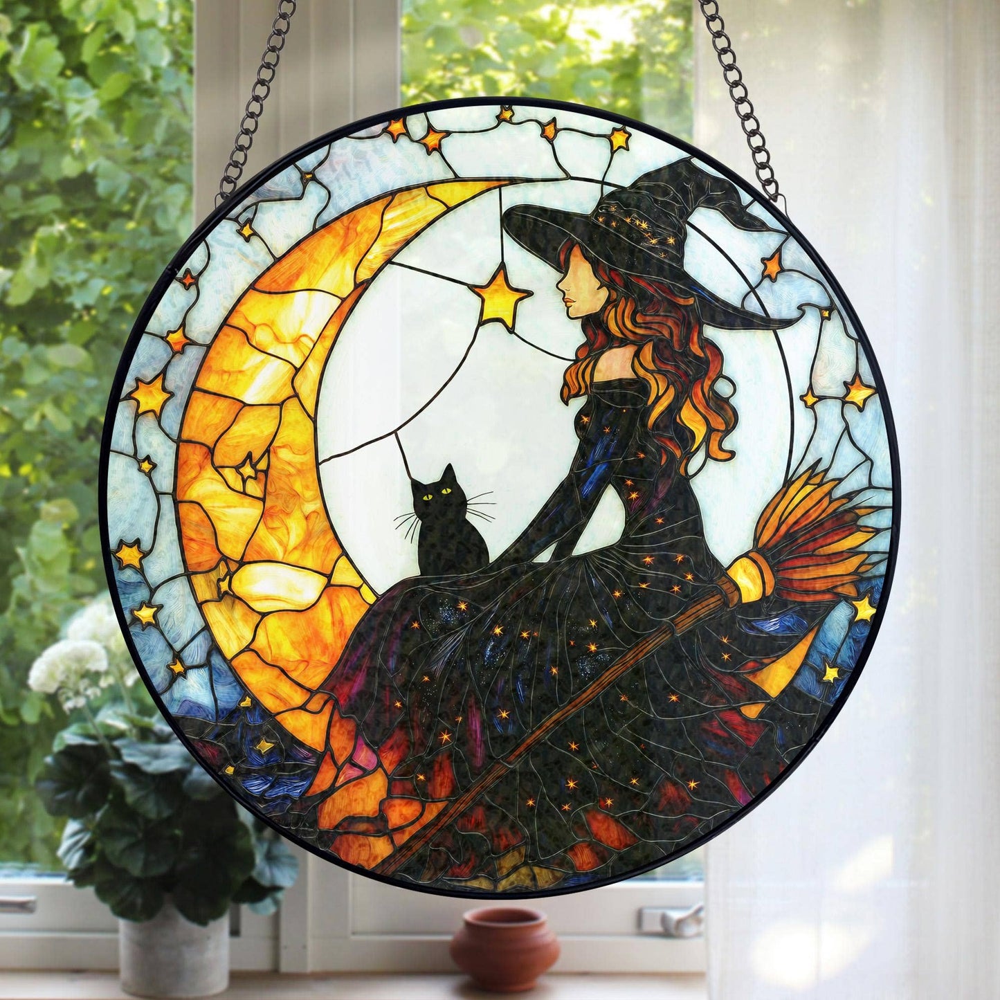 Witch & Black Cat Stained Glass Suncatcher