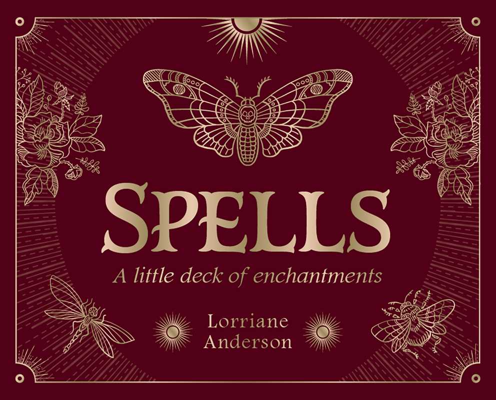 Book cover of 'Spells' by Lorriane Anderson with butterfly illustrations on a dark red background
