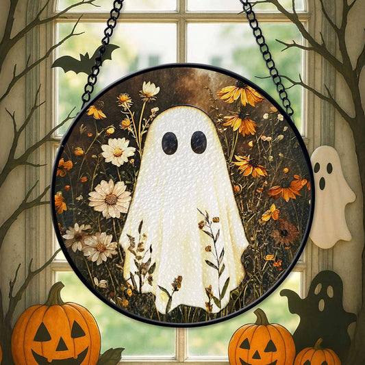 Ghost in Flower Stained Glass Suncatcher – Whimsical Halloween Window Decor