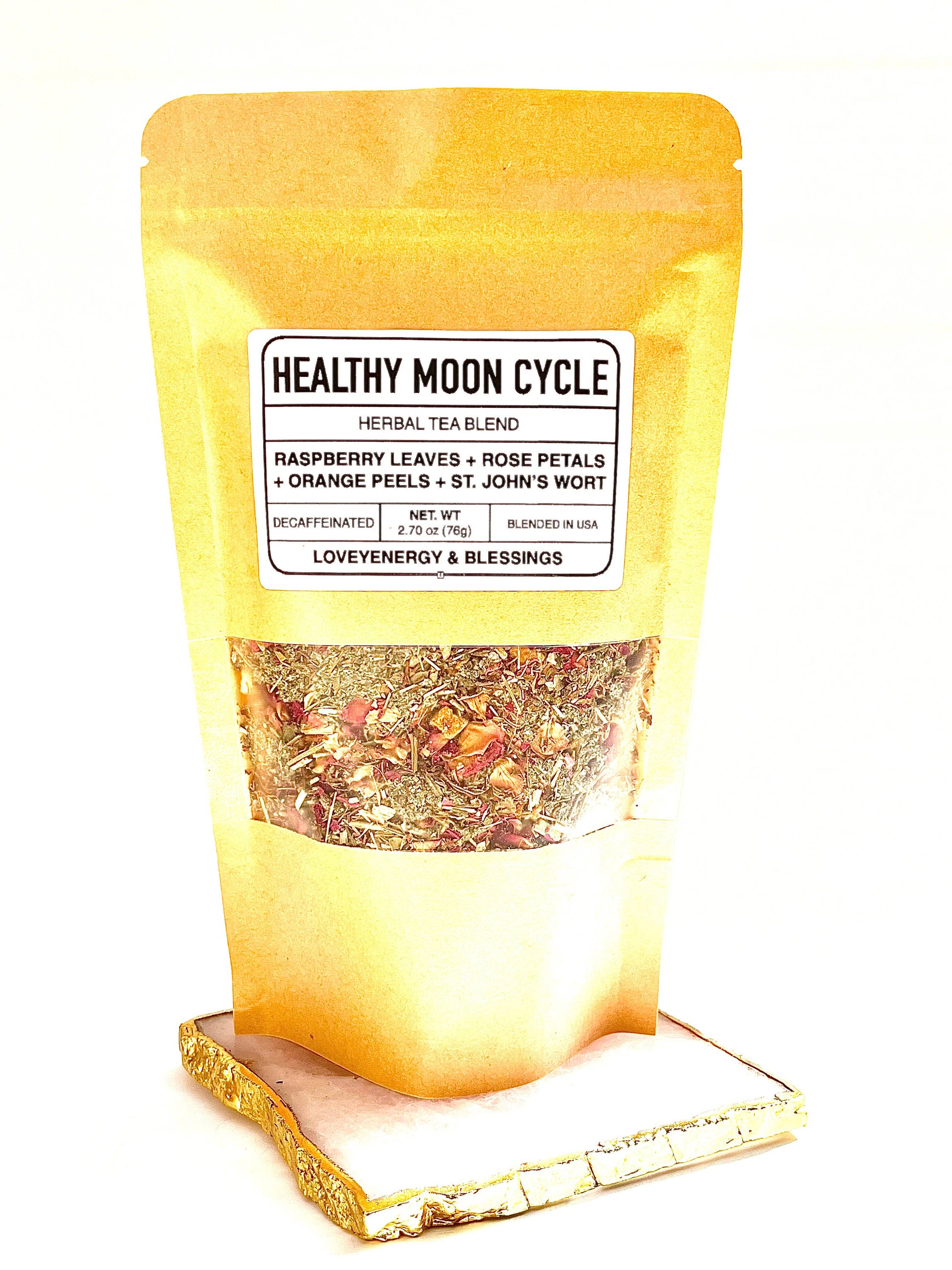 Herbal tea blend package labeled 'Healthy Moon Cycle' on a white background