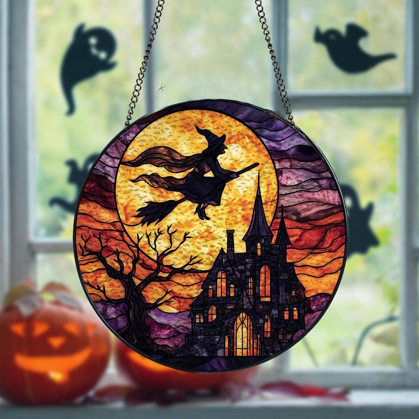 Witch Flying Over Castle Stained Glass Suncatcher – Window Art