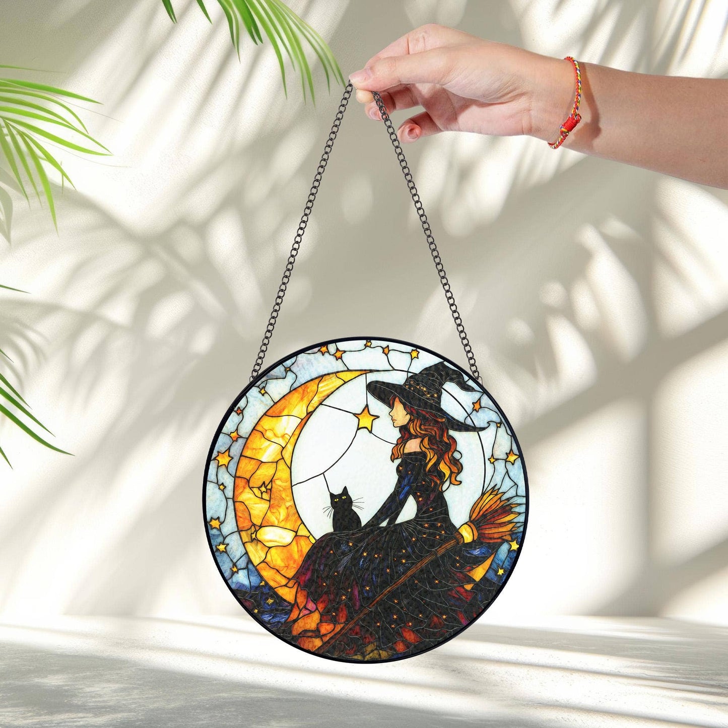 Witch & Black Cat Stained Glass Suncatcher