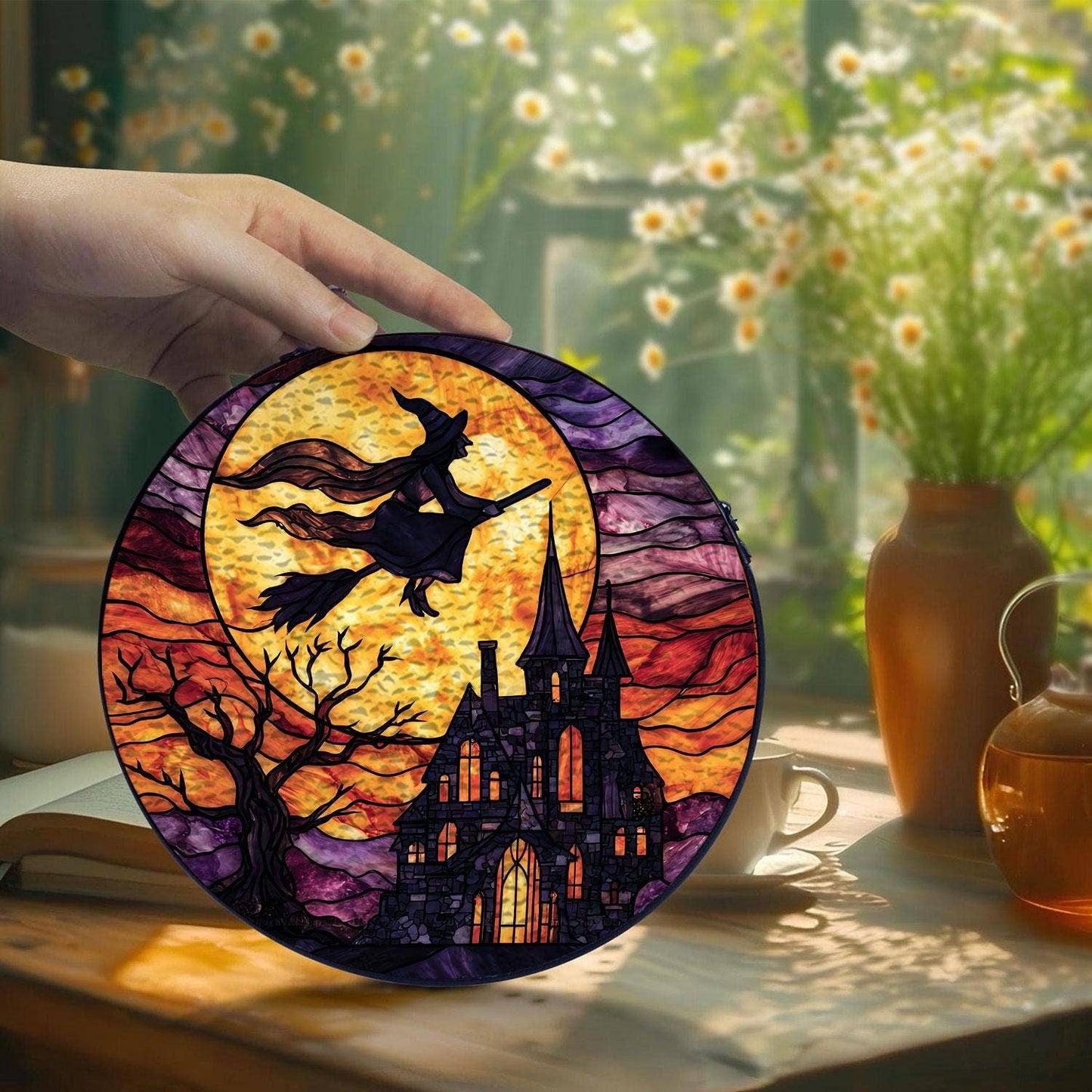 Witch Flying Over Castle Stained Glass Suncatcher – Window Art