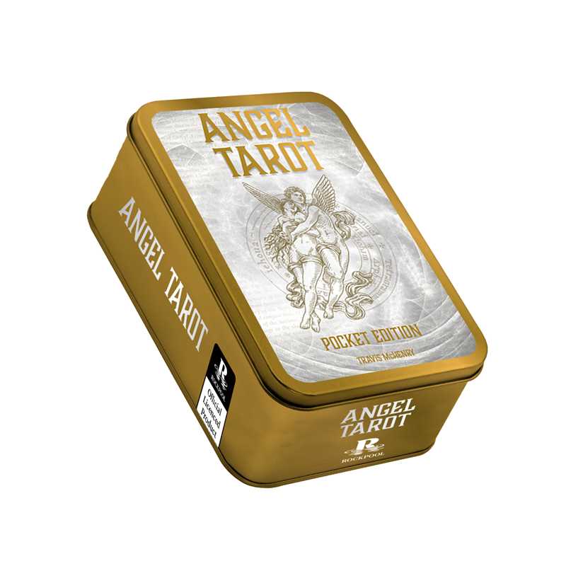 Gold and white tin box for Angel Tarot cards on a white background