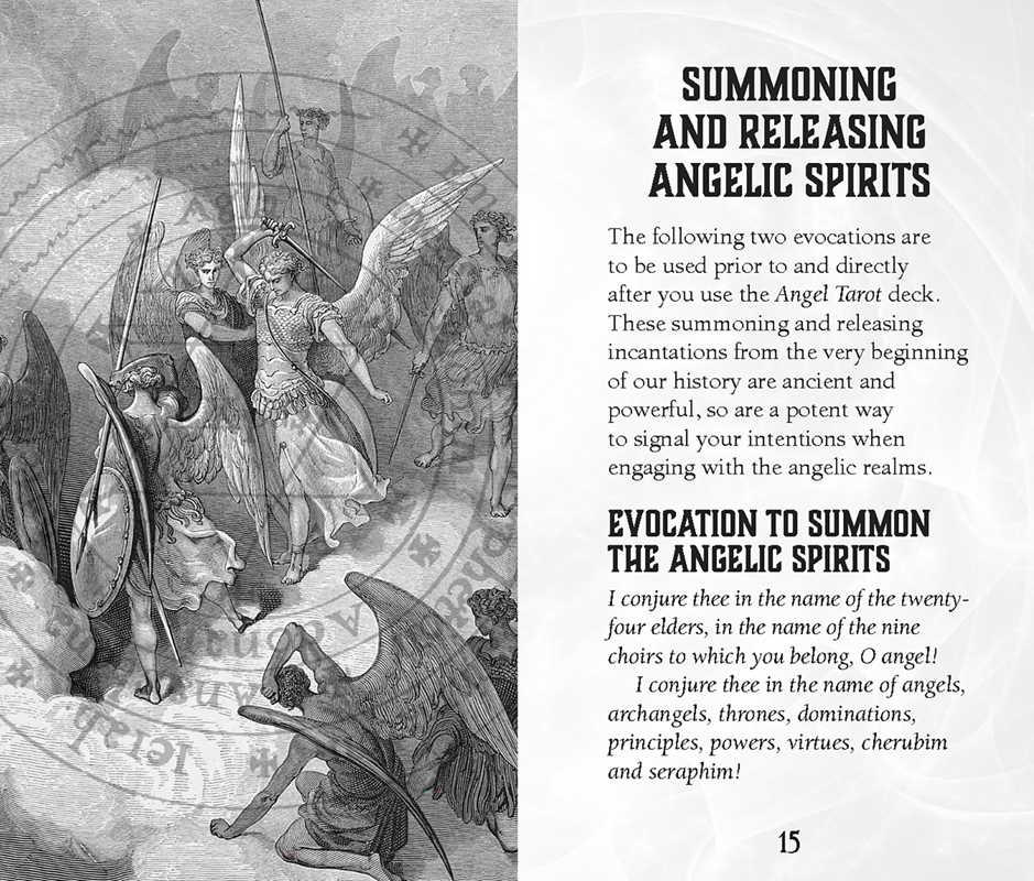 Illustration of angelic figures with text on summoning and releasing angelic spirits.