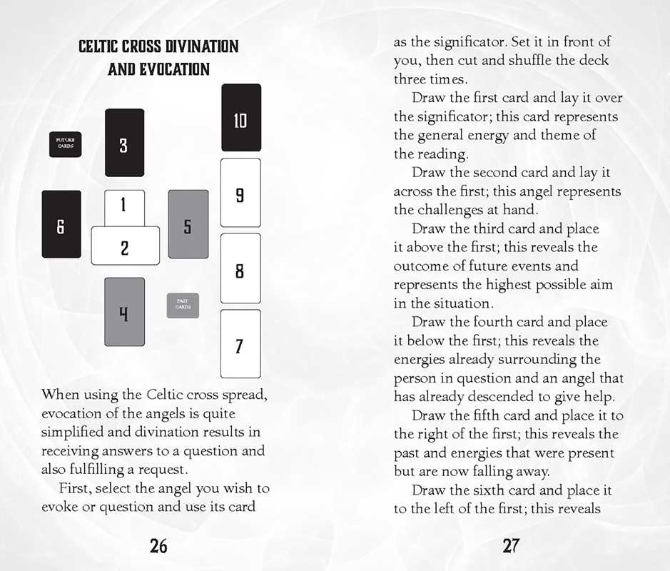 Open book showing pages with Celtic cross divination and evocation instructions and card layout.