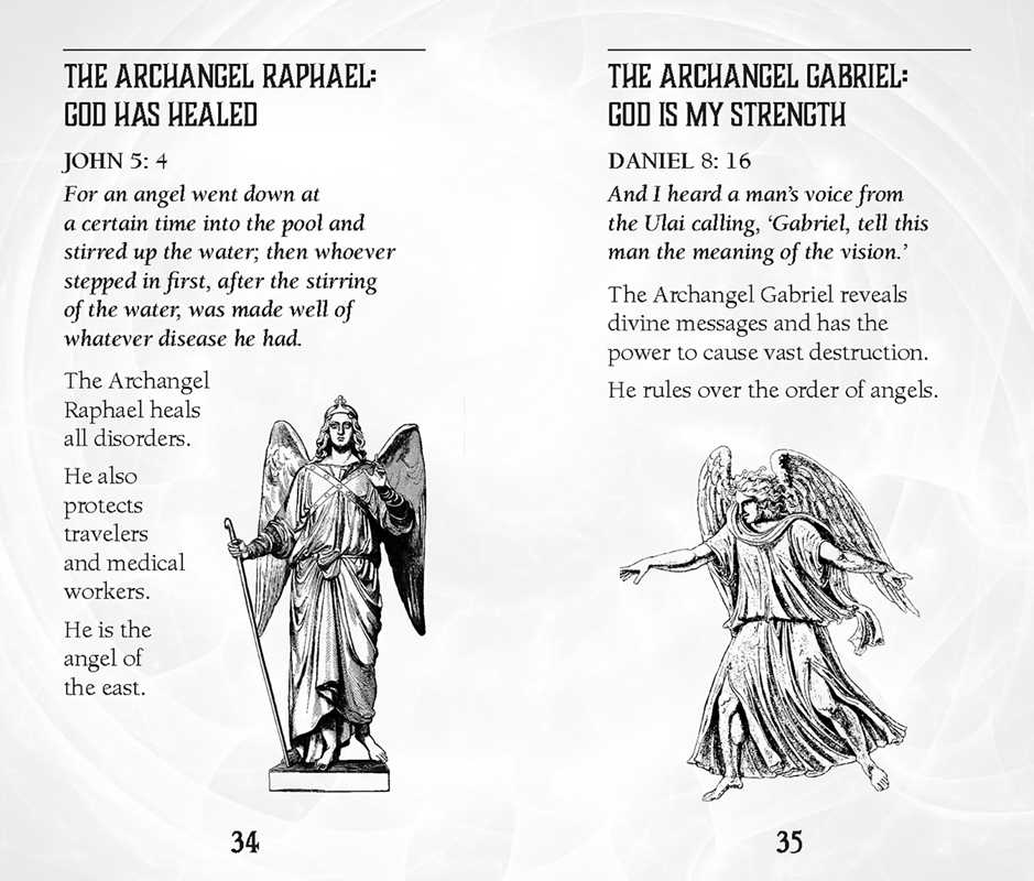 Book page with illustrations and text about Archangels Raphael and Gabriel