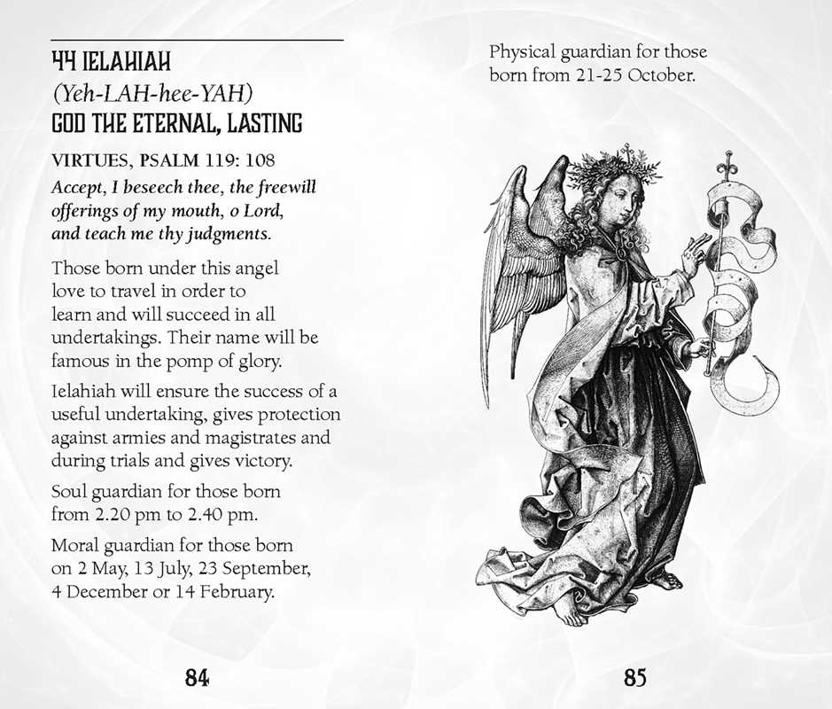 Illustration of an angel with text about the angel Ieliahah in a book or magazine layout.