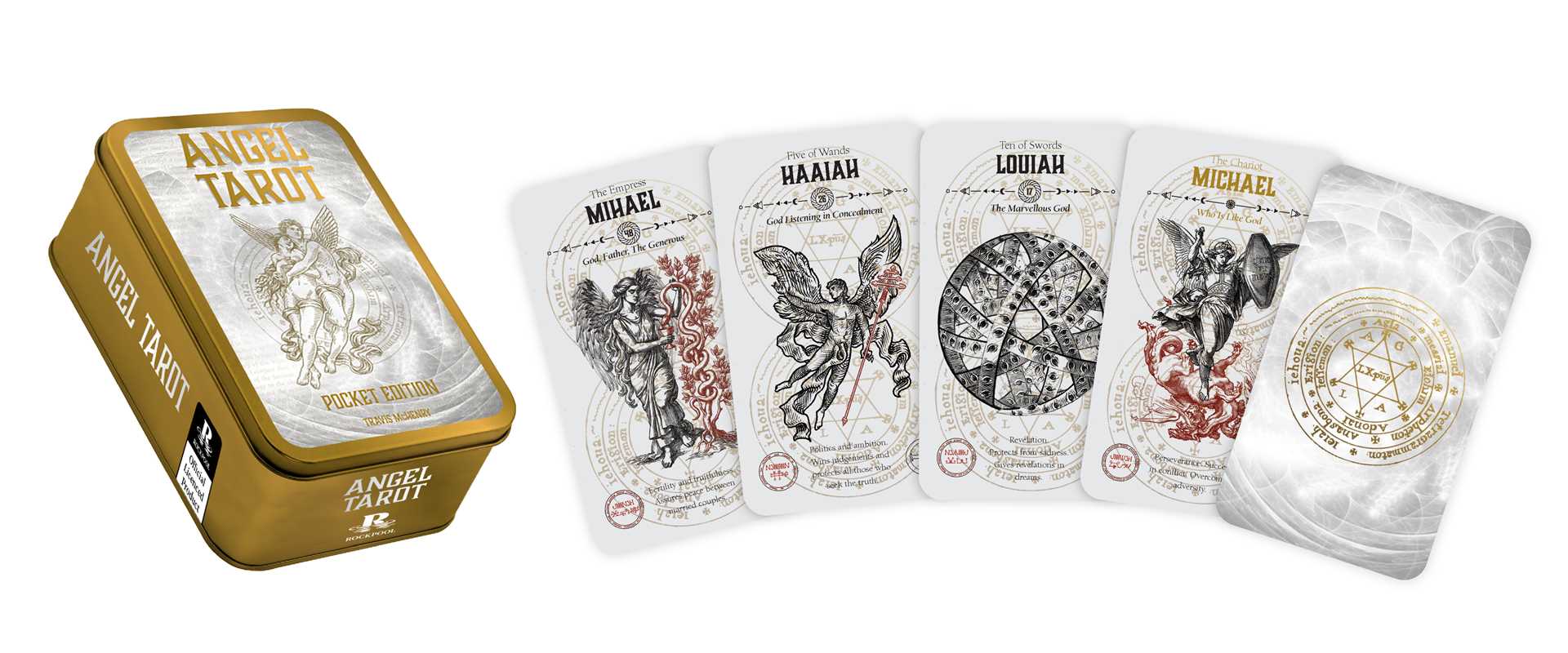 Angel Tarot cards with a gold tin box on a white background