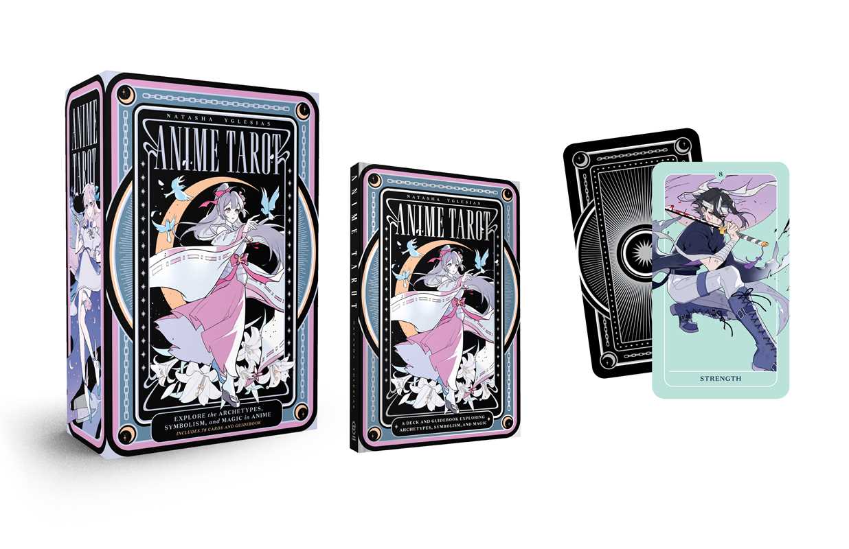 Anime Tarot card set with tarot cards and a metal box on a white background