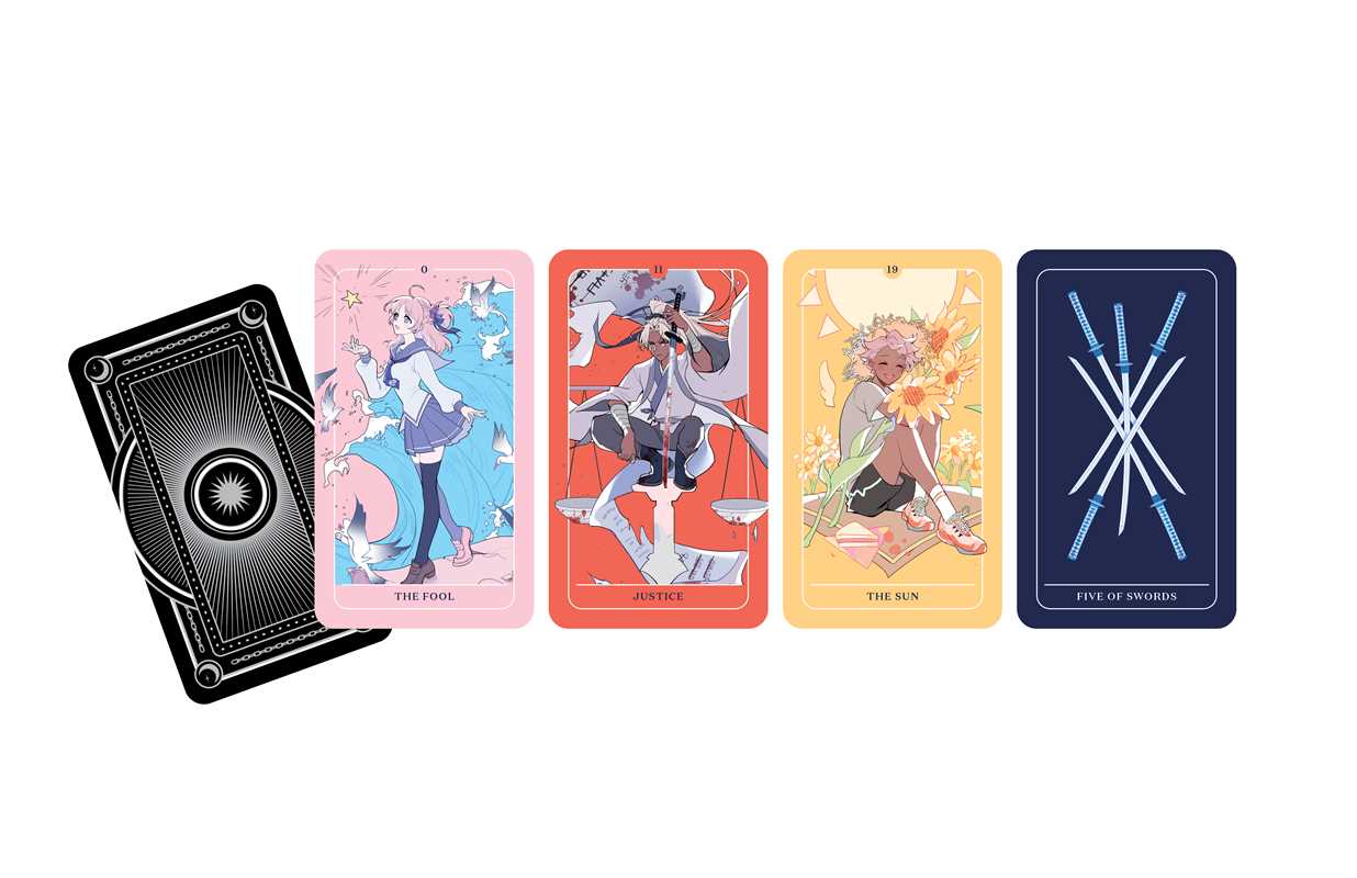 Five colorful cards with anime-style characters on a white background