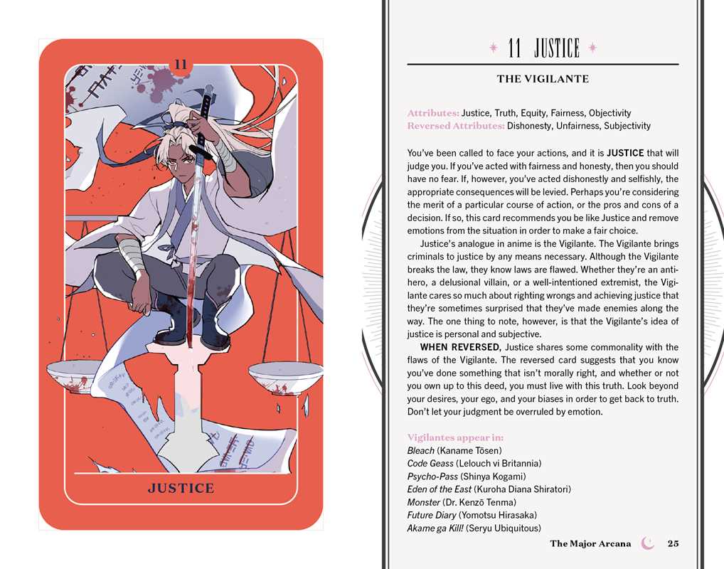 Card from a tarot deck titled 'Justice' with an illustration of a person holding a sword and scales.