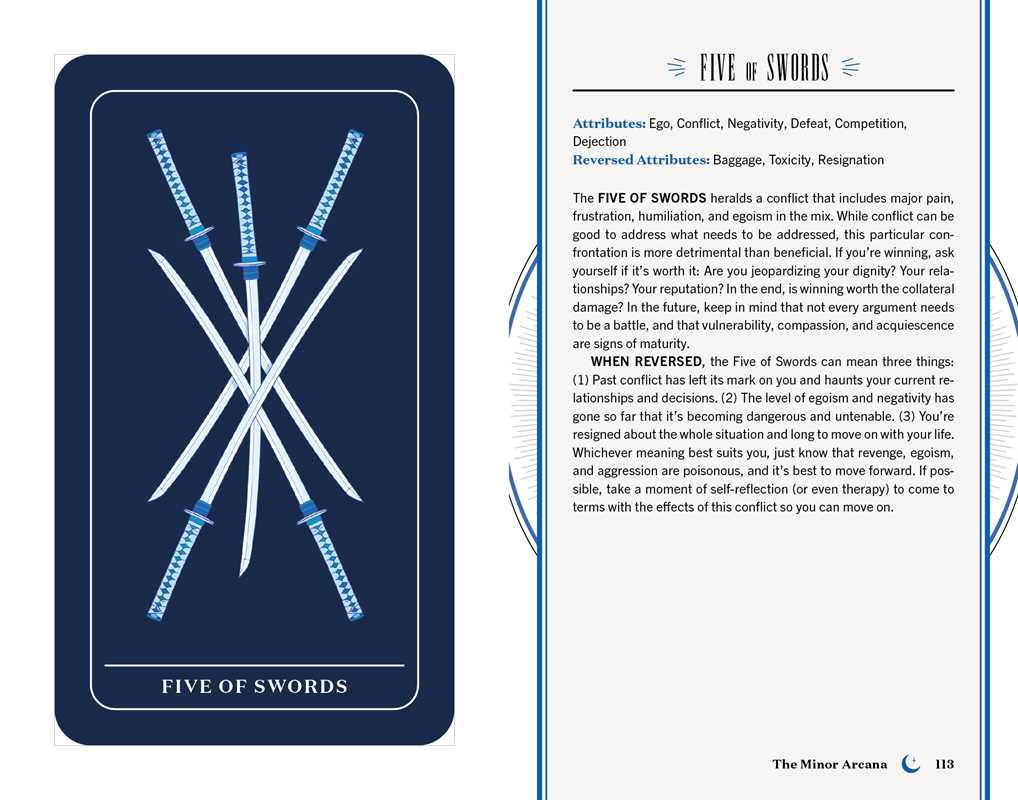 Five of Swords tarot card with text on a blue background