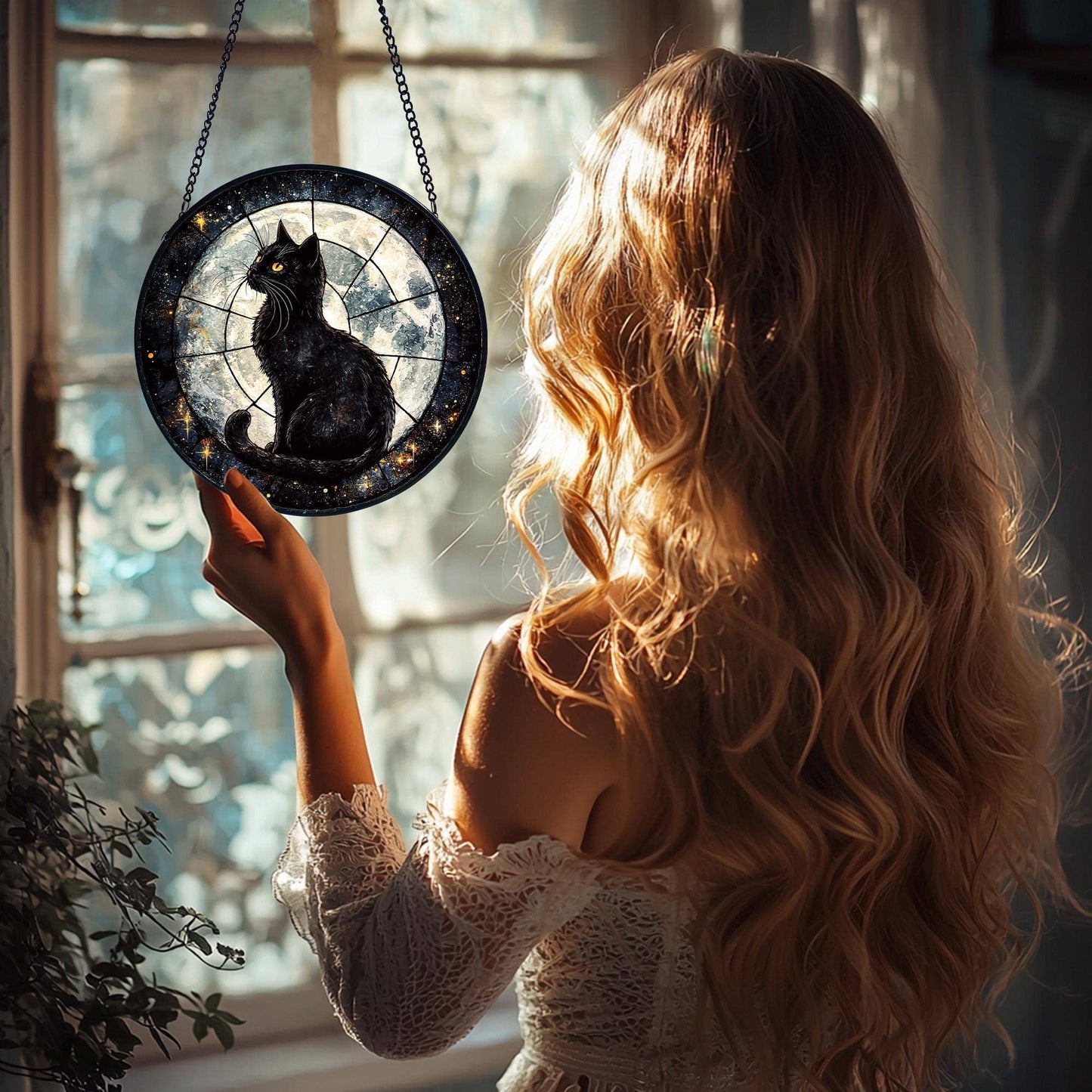 Woman holding a round mirror with a black cat design, standing in a softly lit room.