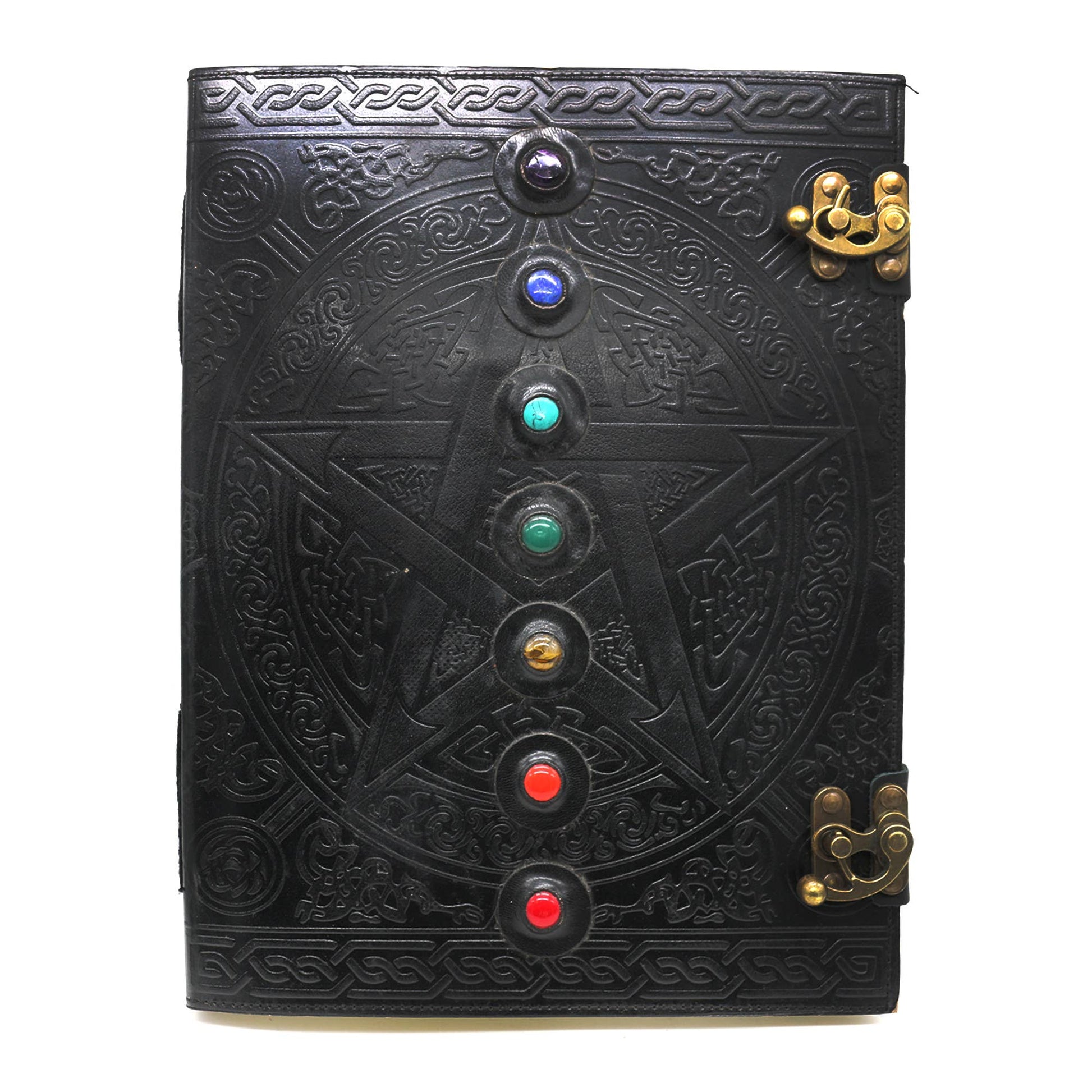 Black leather journal with embossed pentagram and chakra stones