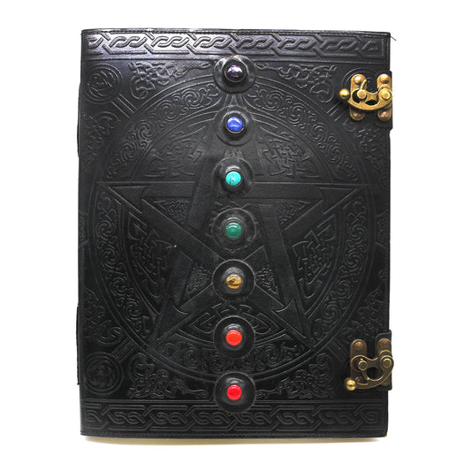 Black leather journal with embossed pentagram and chakra stones