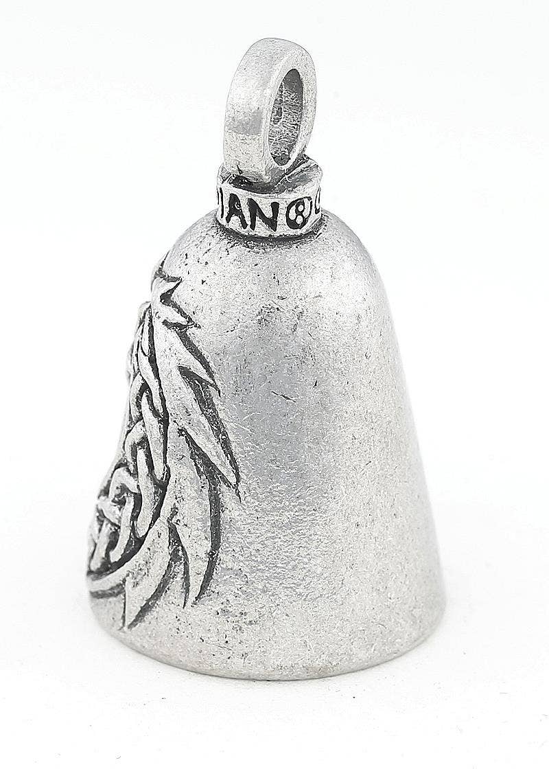 Silver bell with tribal design and 'Guardian' branding 