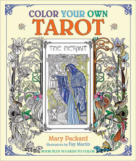 Coloring book cover for 'Color Your Own Tarot' with a tarot card illustration and decorative border.