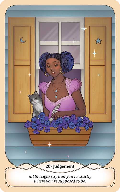 Card from a tarot deck with a woman, cat, and flowers in front of a window.
