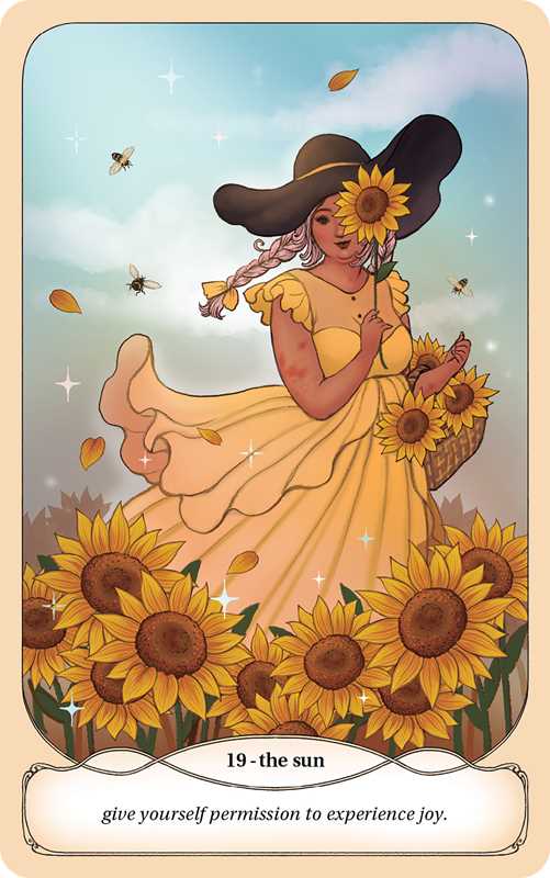 Illustration of a woman in a yellow dress with sunflowers, surrounded by bees and leaves.