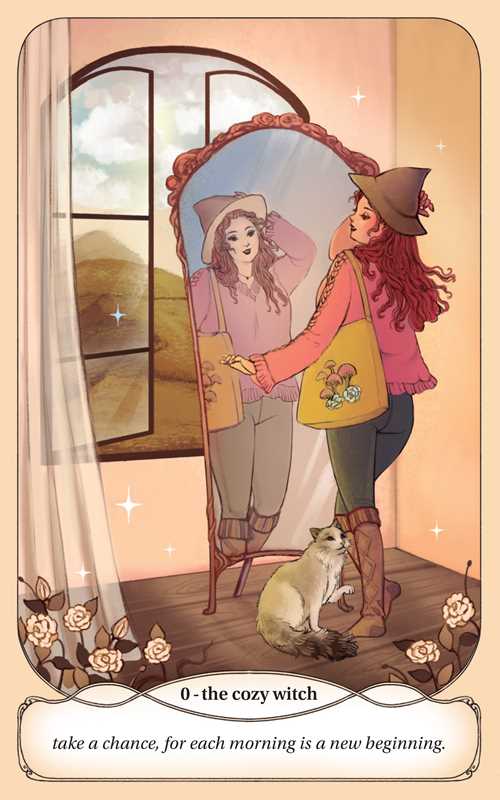 Illustration of a cozy witch looking into a mirror with a cat by her side, set against a window with a view of mountains.