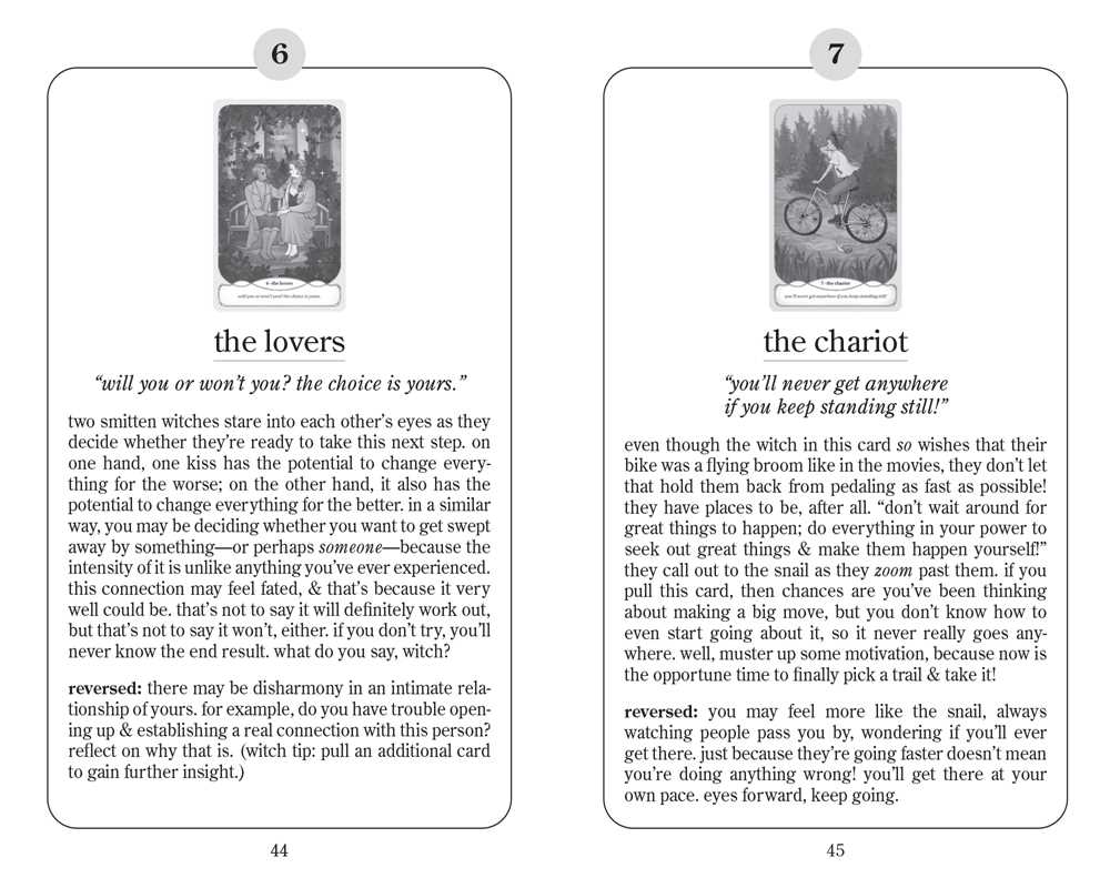 Two tarot card illustrations with descriptions and text on a white background