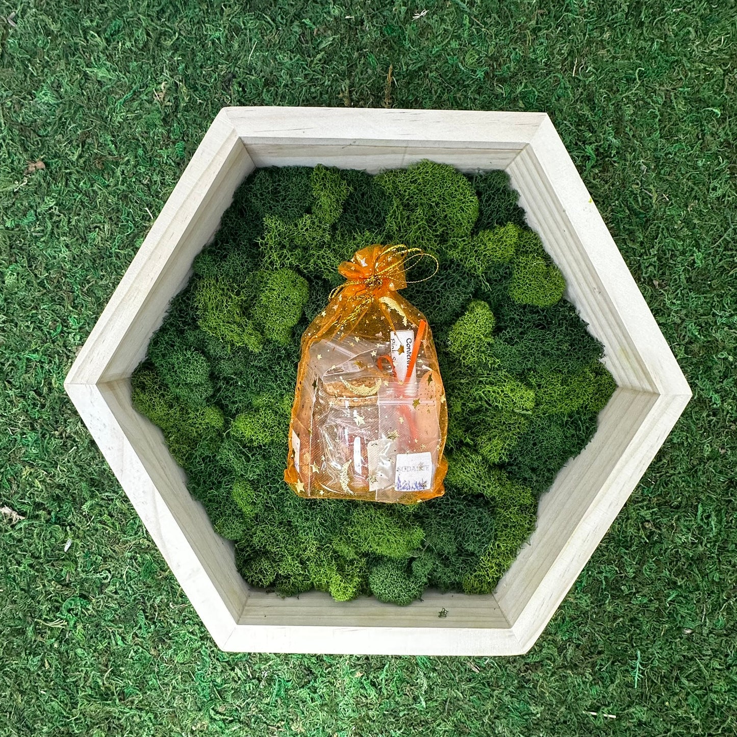 A spell jar kit containing orange candle and herbs on a bed of green moss, presented on a grass-like surface.