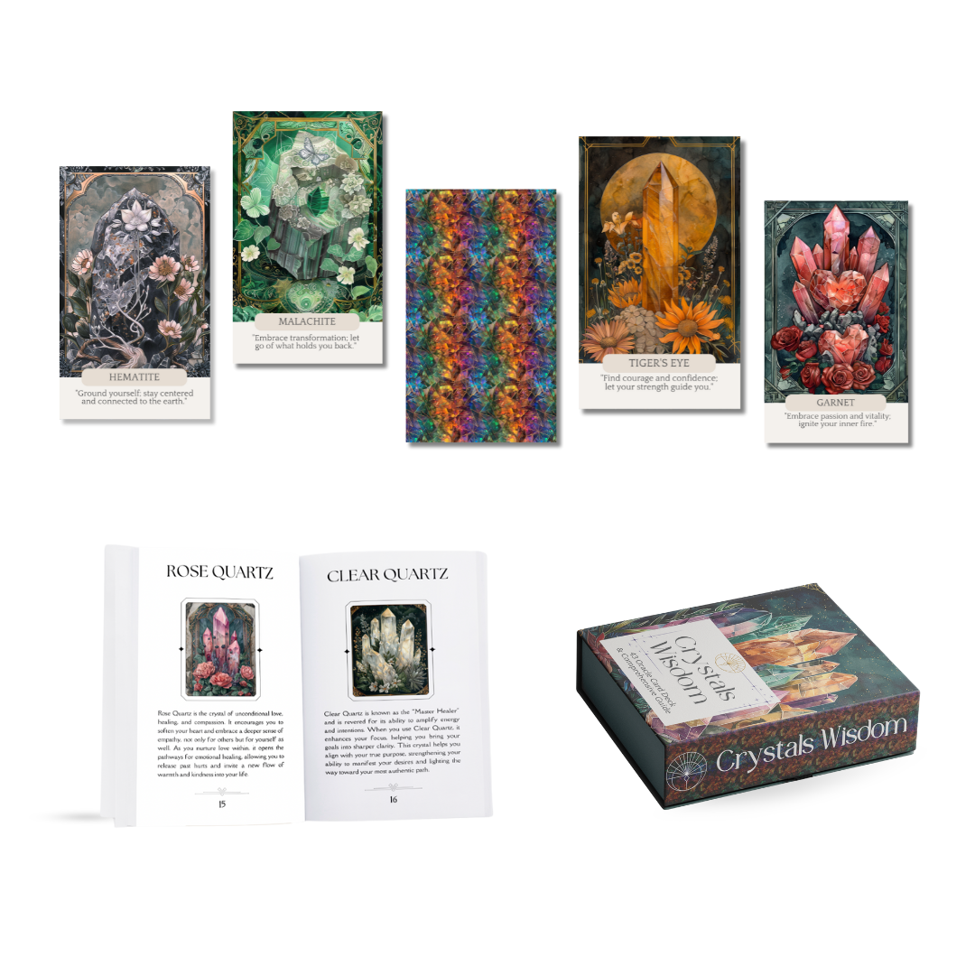Collection of crystal card decks and a box labeled 'Crystals Wisdom' on a white background