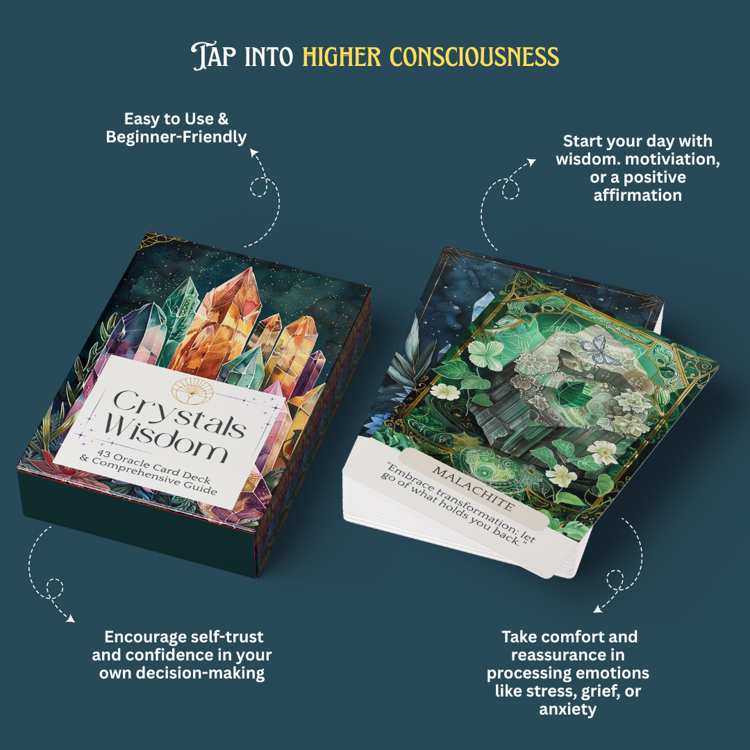 Two crystal card decks with descriptive text on a dark blue background