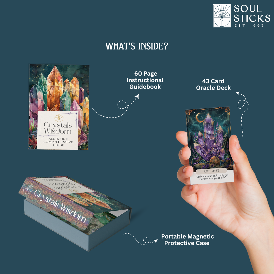 Soul Sticks Crystals Wisdom set with instructional guidebook, oracle deck, and protective case on a dark blue background.