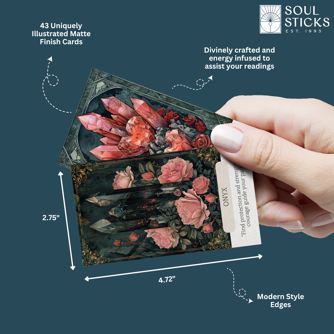 Soul Sticks card with illustrated design and measurements on a blue background