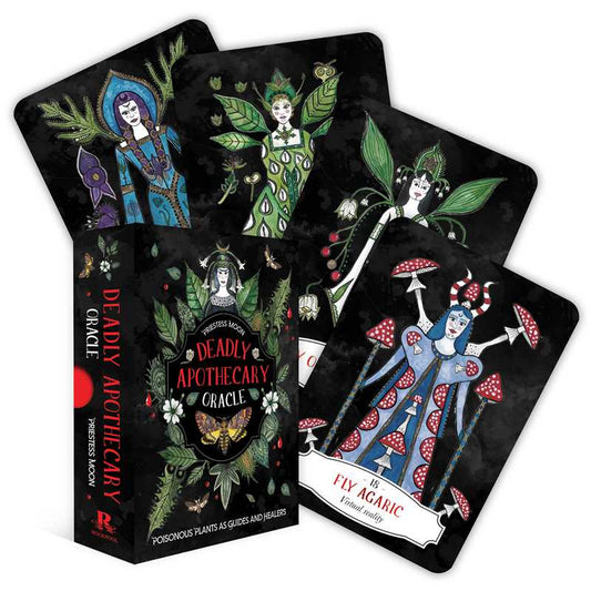 A set of oracle cards with illustrations of fantastical characters and plants, titled 'Deadly Apothecary Oracle' by Priestess Moon.