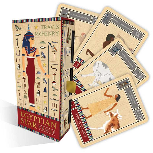 Egyptian Star Oracle cards by Travis McHenry with illustrations of ancient Egyptian figures and symbols.
