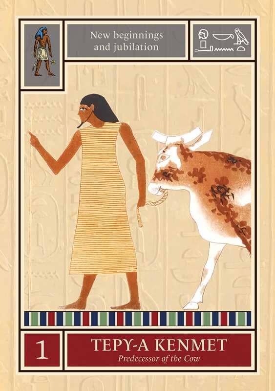 Illustration of an ancient Egyptian scene with a woman and a cow, featuring hieroglyphs and text on a beige background.