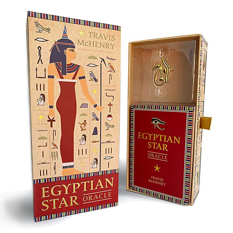 Egyptian Star Oracle packaging with illustrations and text on a beige background