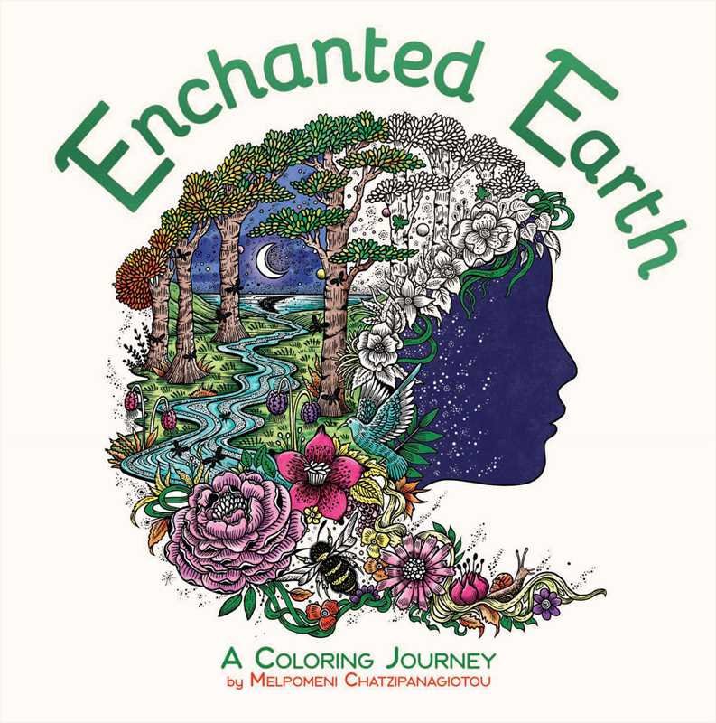 Book cover of 'Enchanted Earth' with a stylized head filled with nature elements on a white background.