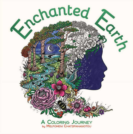 Book cover of 'Enchanted Earth' with a stylized head filled with nature elements on a white background.