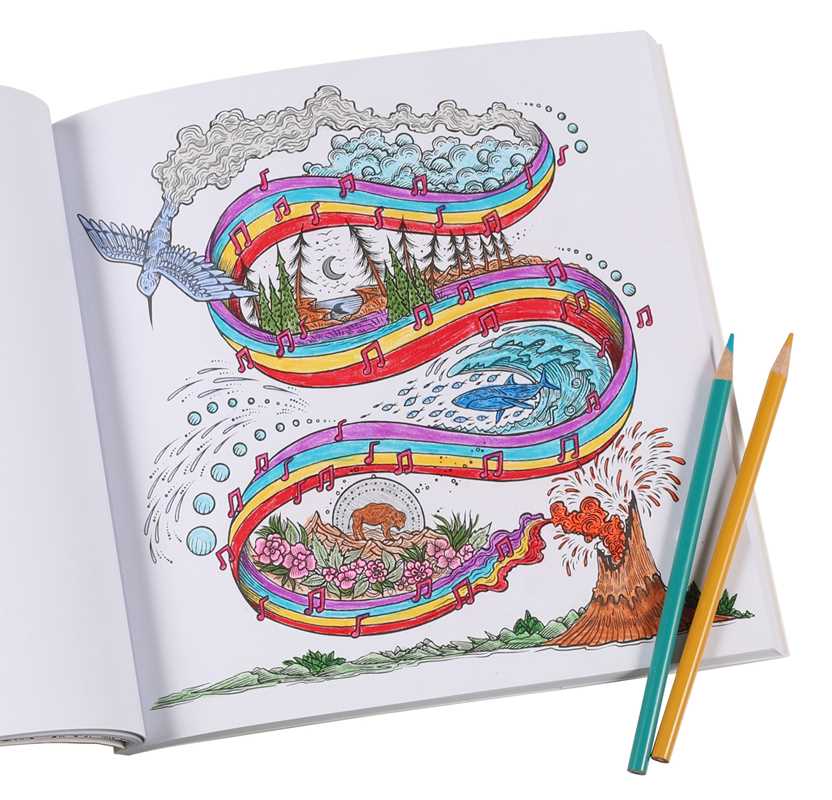 Coloring book open to a page with a colorful design, accompanied by two coloring pencils.